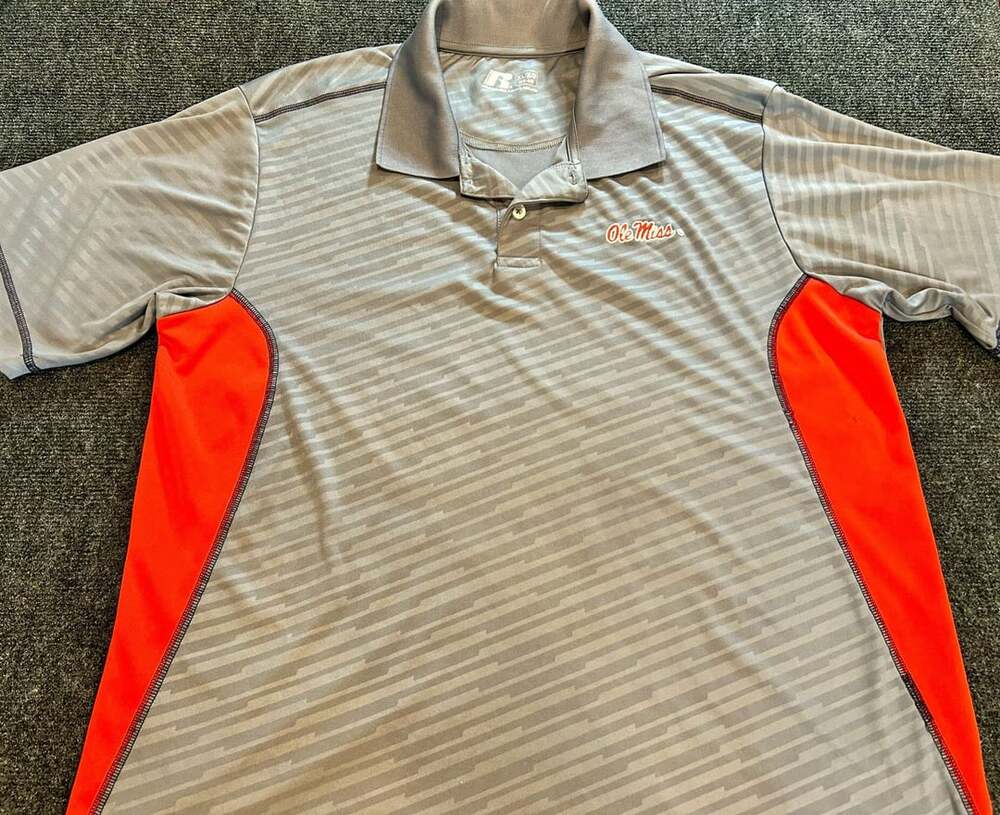 Russell Athletic Ole Miss Rebels Gray and Orange Striped Polo Shirt Size XL